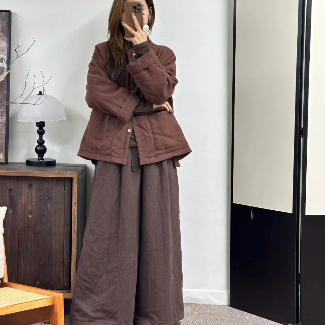 亚麻棉服文艺复古盘扣夹棉上衣女式保暖短款棉衣