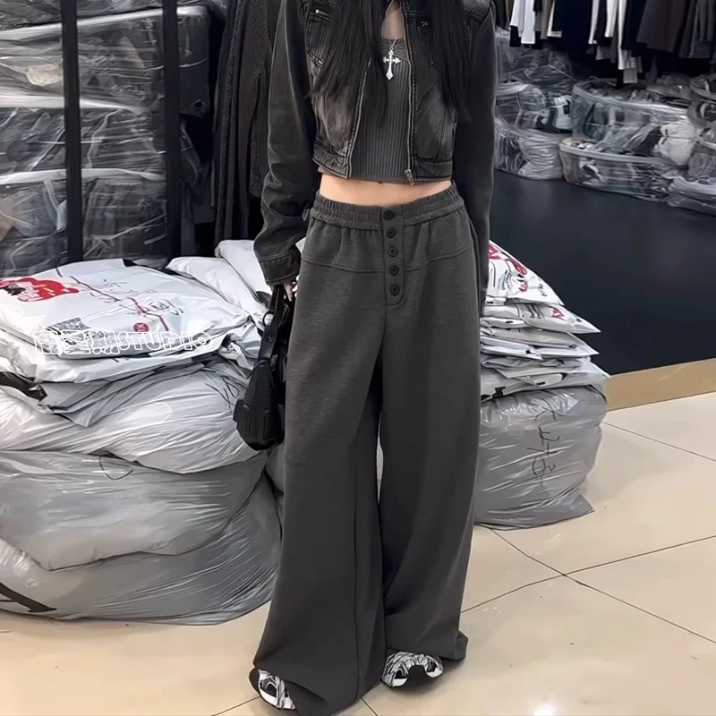 时髦复古单排扣小众设计阔腿裤女2025秋季新款宽松垂感运动休闲裤