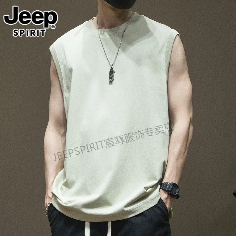 Jeep吉普美式潮牌街头痞帅纯棉圆领休闲宽松T恤无袖背心男