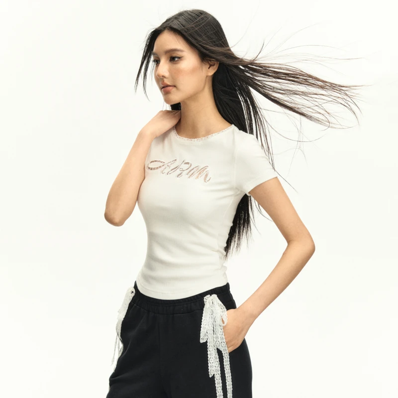 Ariseism 美式复古设计感字母蕾丝短袖T恤女夏季新款辣妹修身上衣
