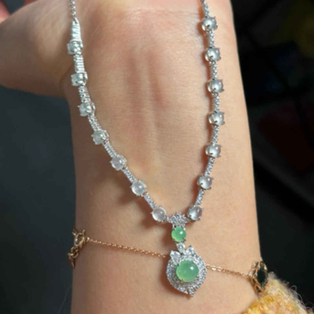 天然缅甸A货翡翠高冰套链项链S925银镶嵌轻奢气质绿色精美百搭