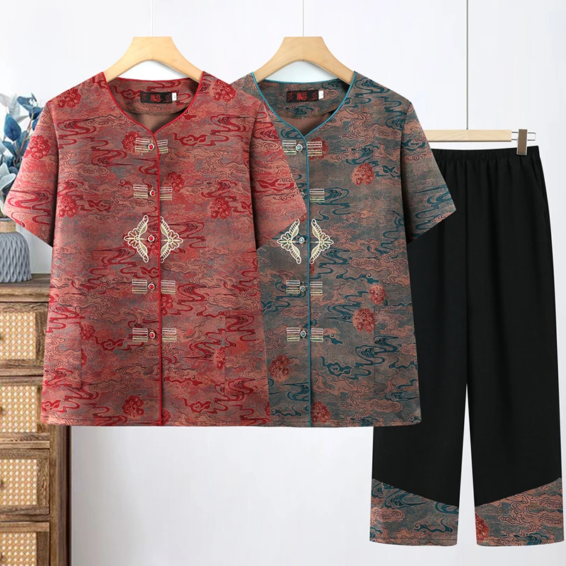 中老年女装夏季短袖套装大码妈妈装绣花上衣老人夏装奶奶装两件套