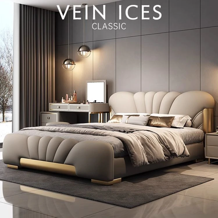 【静音设计】意式极简真皮床花瓣法式现代简约轻奢高级豪华别墅双
