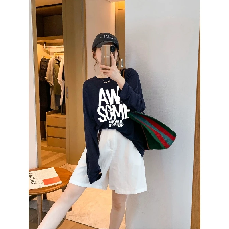 2025潮牌雪花棉藏青色长袖t恤打底衫时尚百搭宽松上衣女夏季薄款