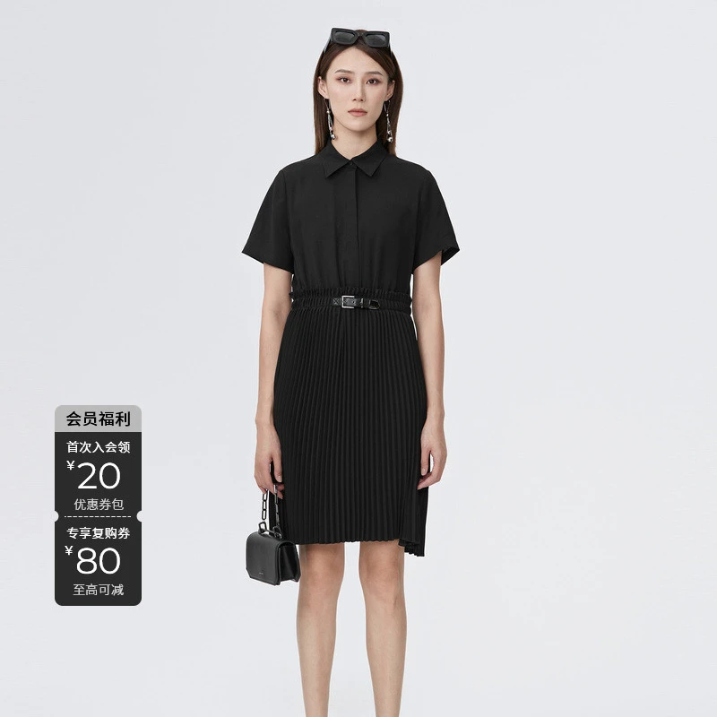 S·DEER圣迪奥优雅女装休闲度假穿搭拼接短袖衬衫连衣裙S22281209