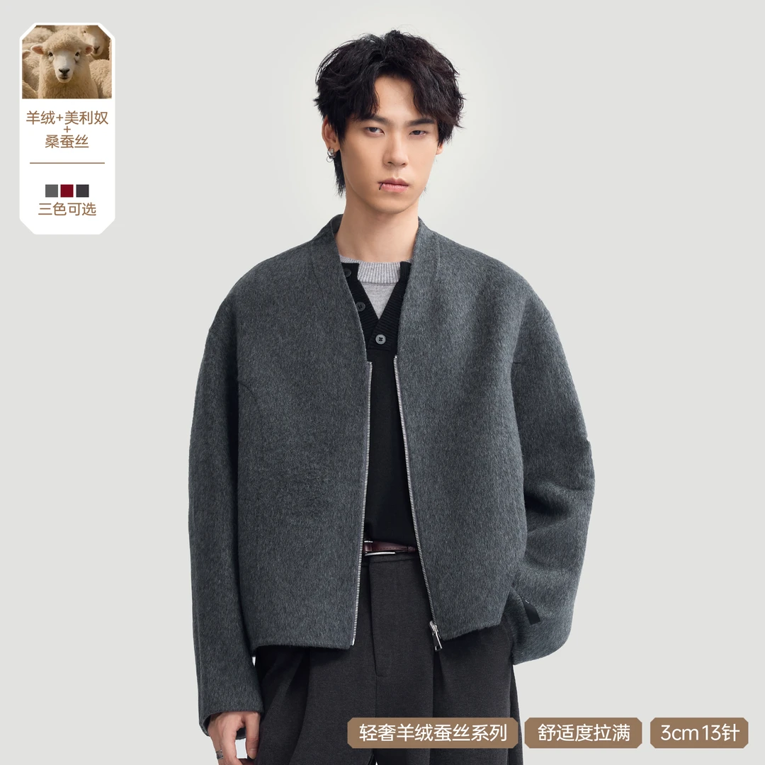 HERBEL/黑白秋冬【双面穿】羊绒蚕丝绵羊毛大衣轻奢羊绒毛呢短外套