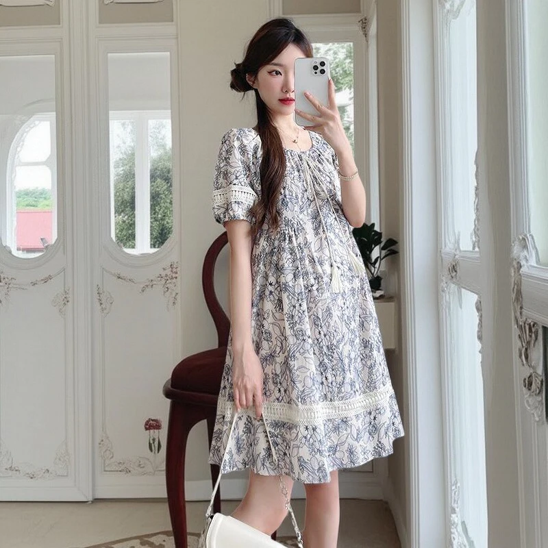 孕妇装2025新款法式碎花连衣裙夏季新中式国风宽松系绳孕妇a字裙