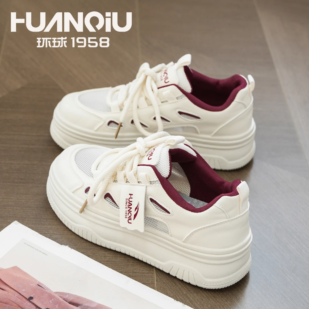 HUANQIU/环球网面透气休闲鞋厚底2025爆款韩版百搭舒适学生小白鞋