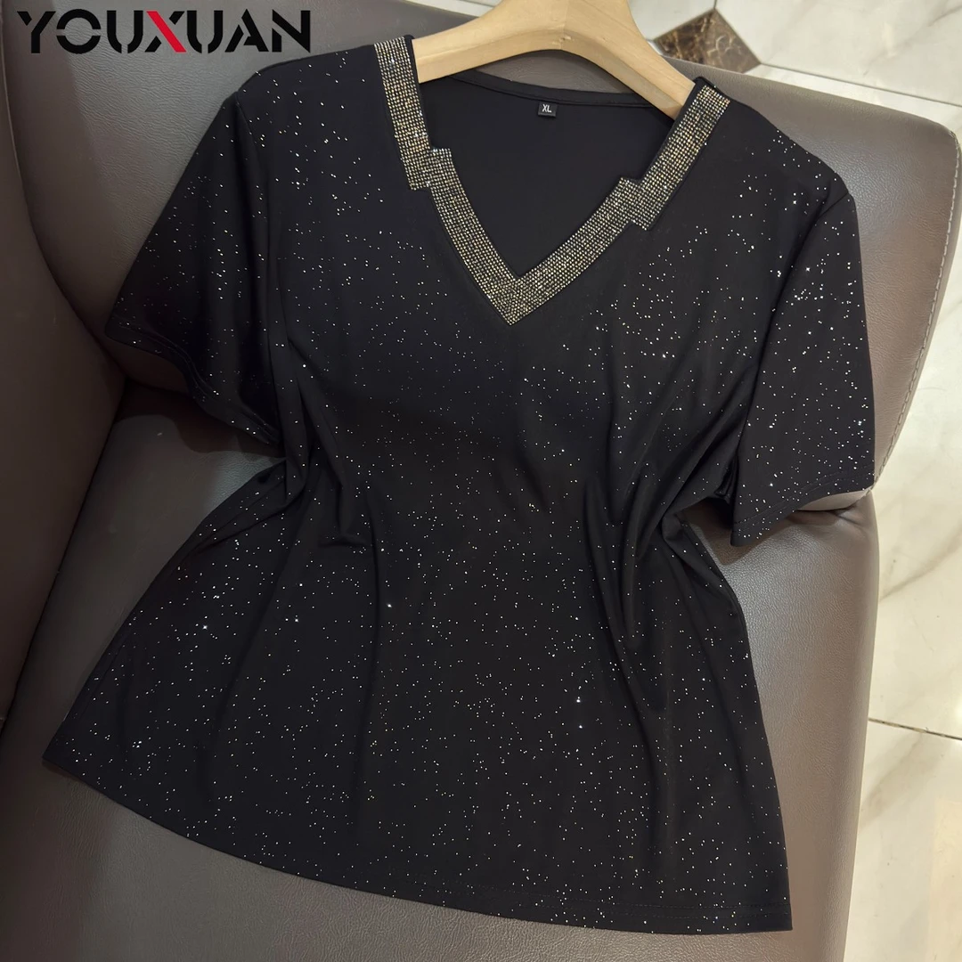 夏季新品女士短袖休闲T恤上衣女装时尚V领百搭气质小衫78415