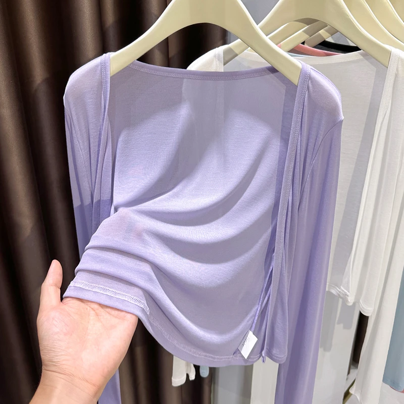 高级感紫色莱赛尔薄款开衫女夏长裙外搭防晒披肩宽松办公室空调衫