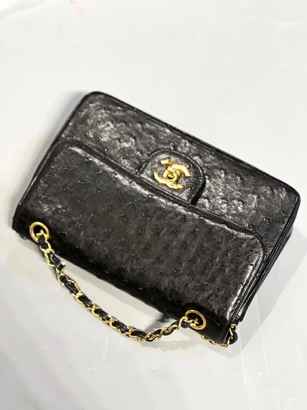 95新 Chanel/香奈儿 夏七中古/鸵鸟黑金cf/单肩包