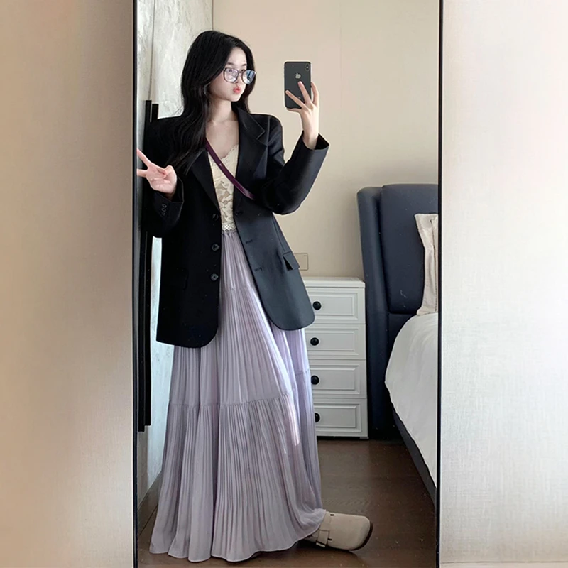 3527+4291一整套胖mm韩系洋气时髦西装外套紫色半身裙减龄套装