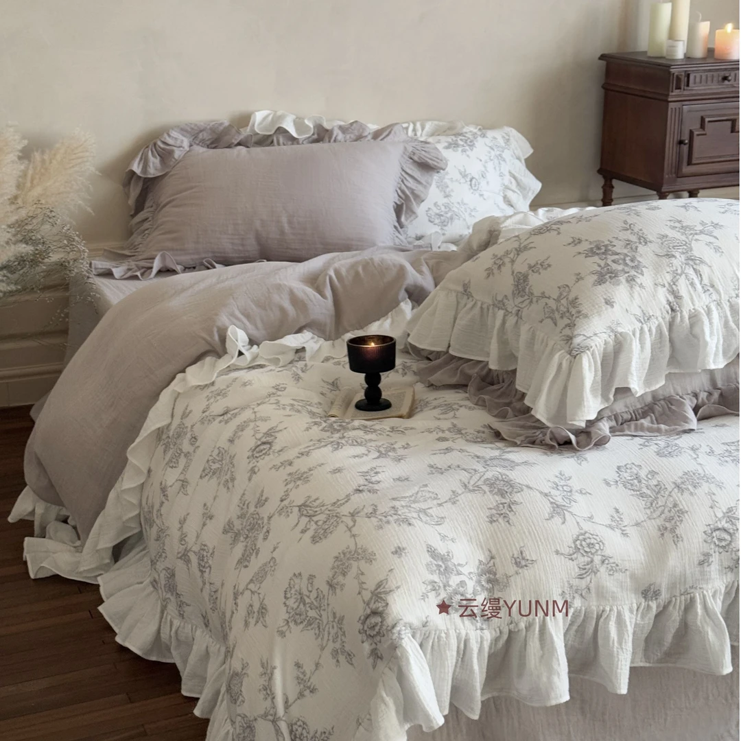 云缦【缦心花开】新款全棉花边床上四件套小清新碎花复古法式