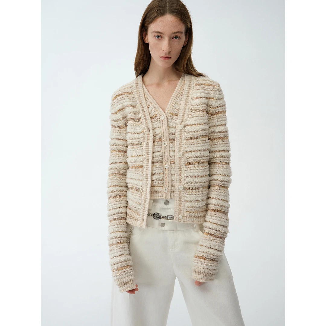 付智恩 尼斯周末 文艺复古彩色条纹混织开衫女