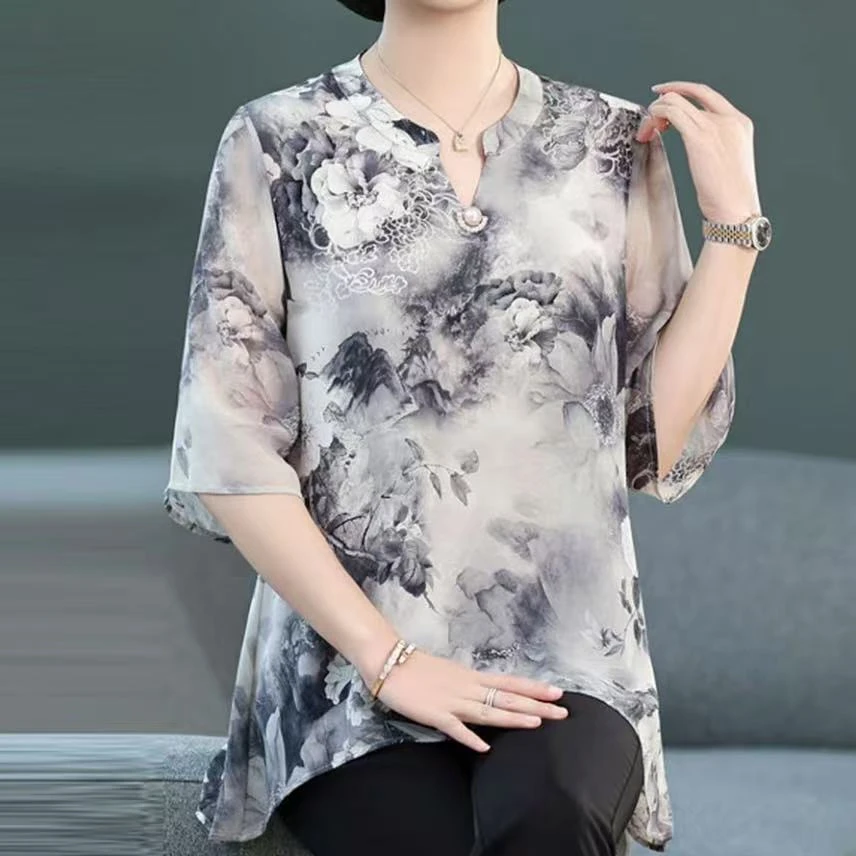 乔其纱水墨花朵一粒扣T恤A2671大码妈妈装