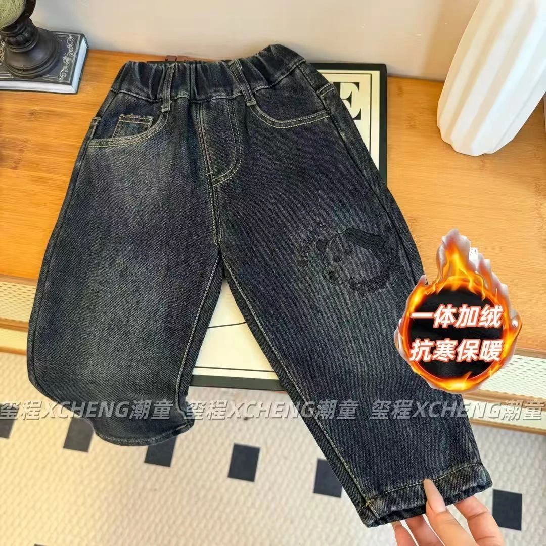 冬款男女童儿童保暖一体加绒加厚时尚百搭韩版牛仔长裤冬季新款