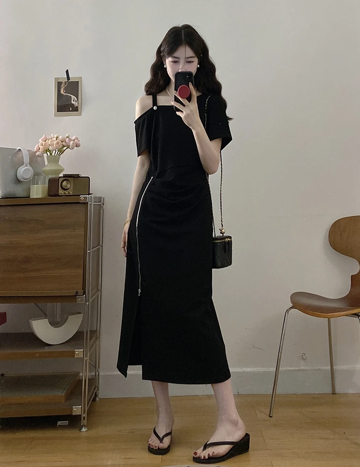 大码女装设计感露肩短袖连衣裙女夏季胖MM开叉藏肉显瘦气质闺蜜裙