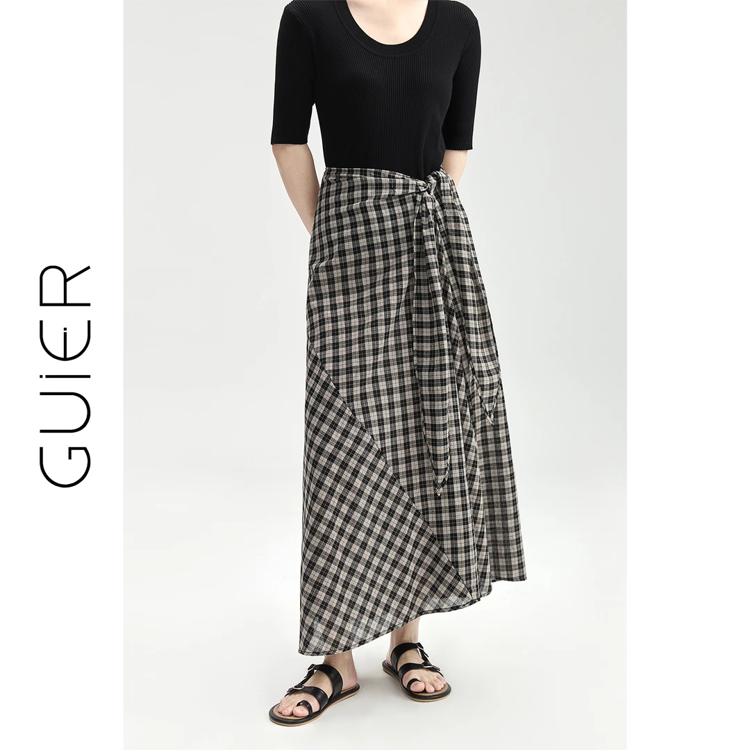 「GUIER」不规则格子半身裙女夏季拼接系带高腰显瘦a字裙XH5726
