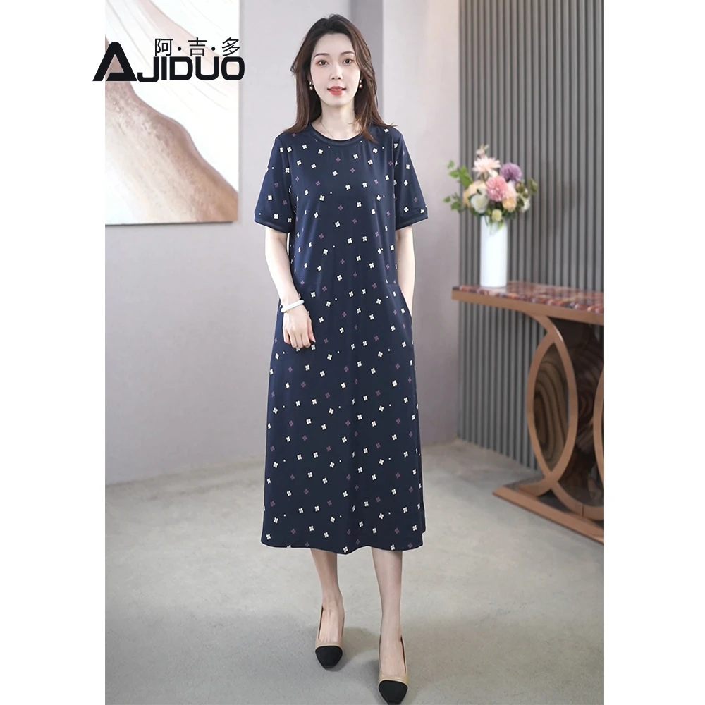 休闲短袖连衣裙女夏2025新款宽松遮肚子洋气妈妈气质通勤a字裙