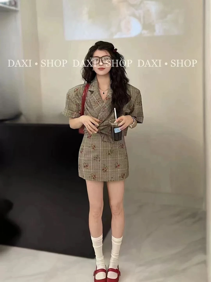 福利款碎花西装套装上衣➕半身裙两件套