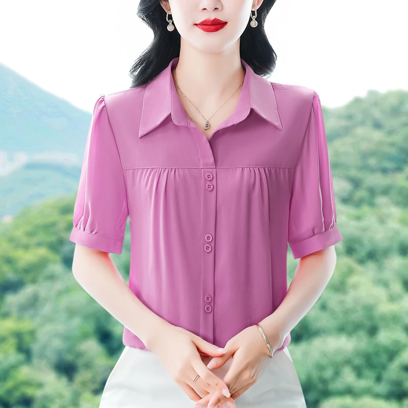 时尚雪纺上衣女士七分袖小衫夏季新款妈妈宽松遮肚子显瘦气质衬衫