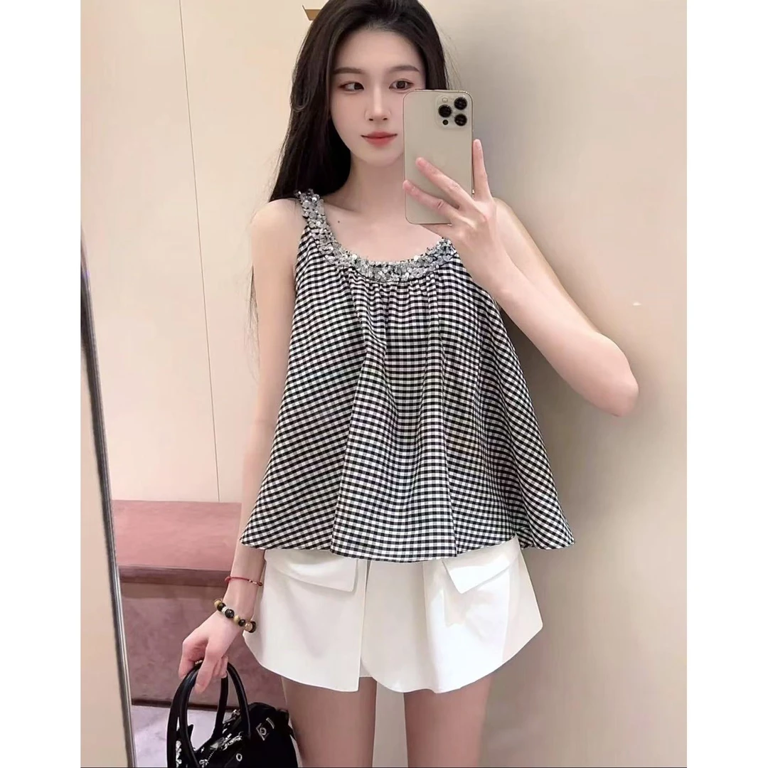 【DÉ MYSTÈRE】夏季新款复古黑白格带钻宽松A字背心上衣GFC1050993