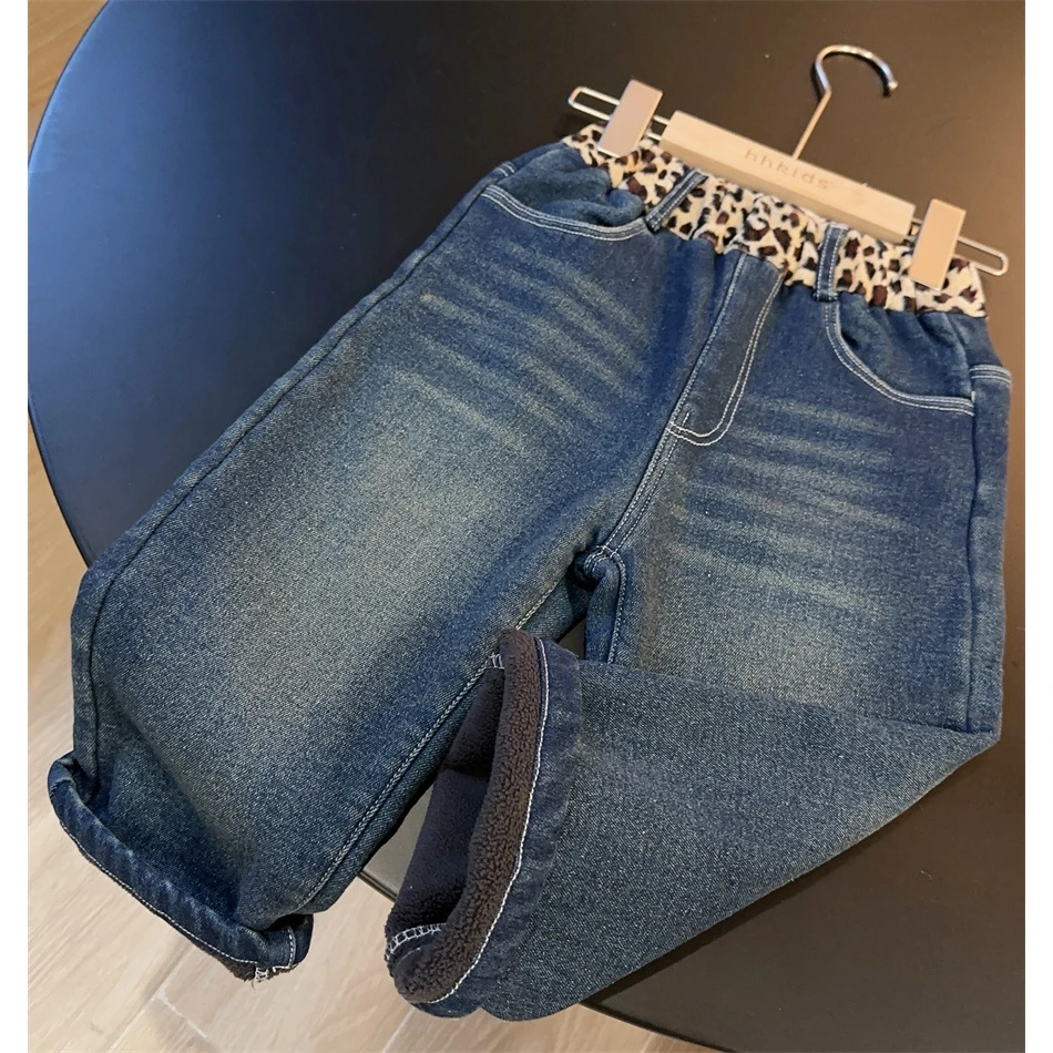 HHkids女童2024新款豹纹气质牛仔裤韩版加绒加厚时尚裤子CKZ554