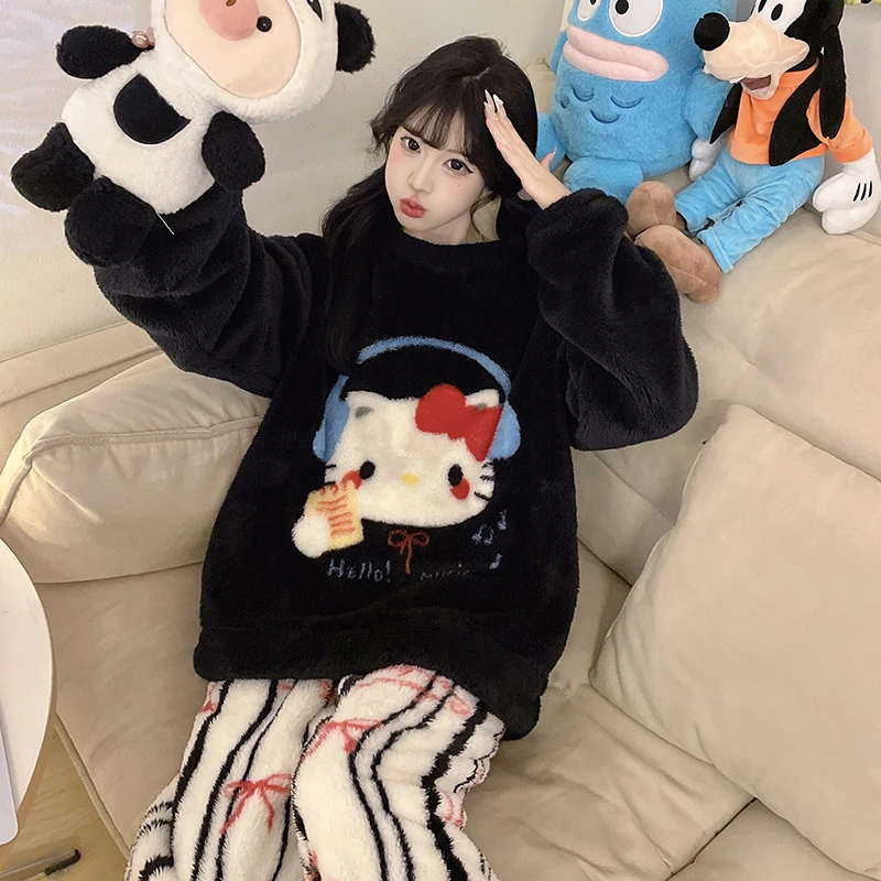 冬季新款卡通Kitty珊瑚绒睡衣女加绒加厚高级舒适家居服可外穿