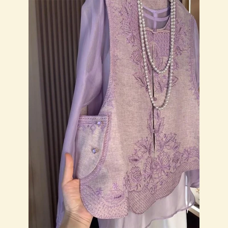 夏季新款精美轻薄新中式刺绣提花紫色防晒裙套装女年流行