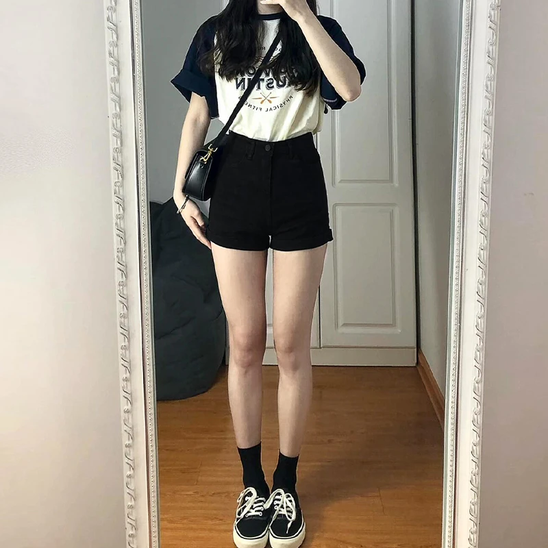 特大码黑色牛仔短裤女高腰夏季新款胖mm弹力显瘦梨形身材a字热裤