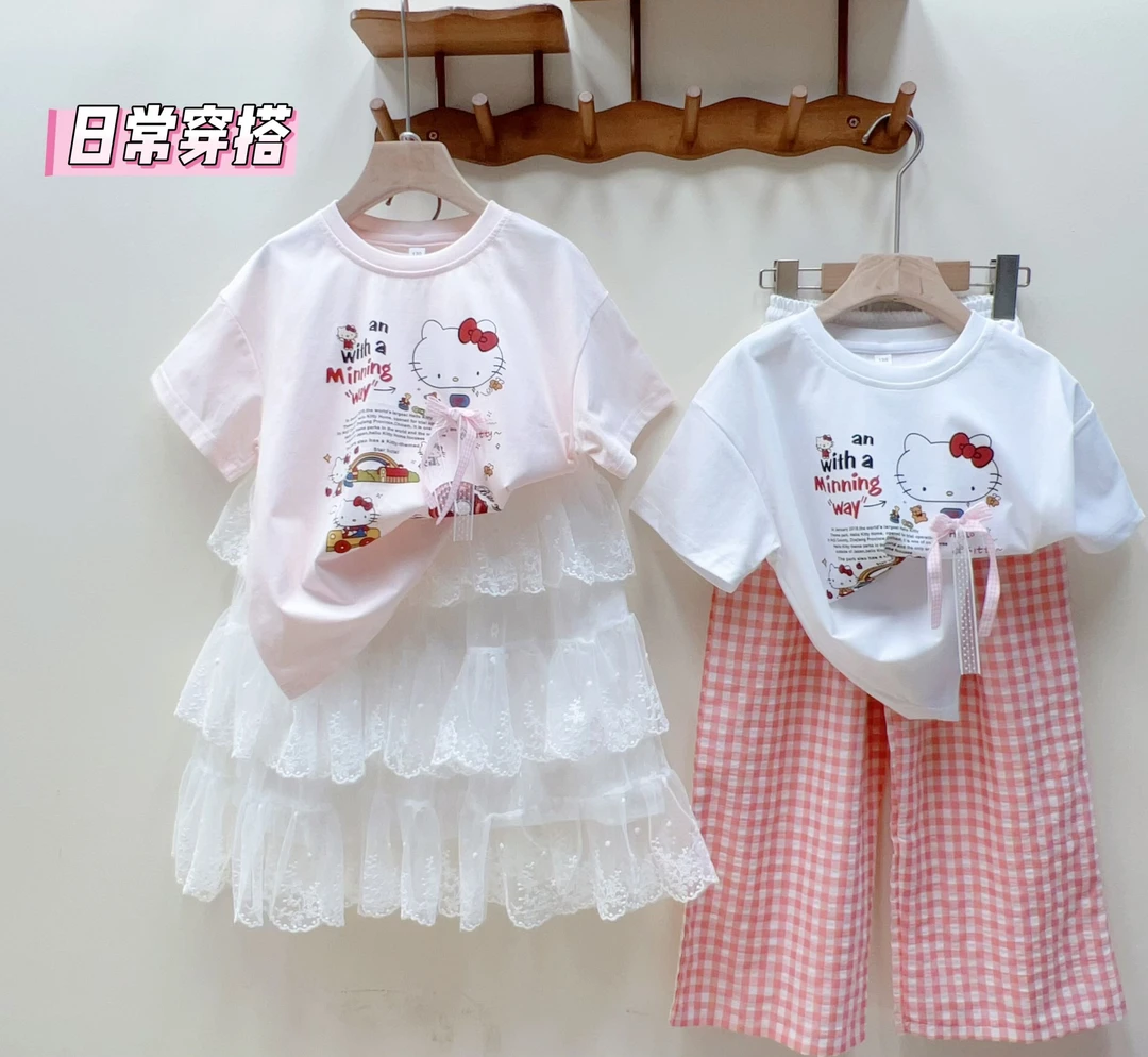 【实体品质】259~纯棉女童夏款T恤字母小猫卡通印花短袖上衣~