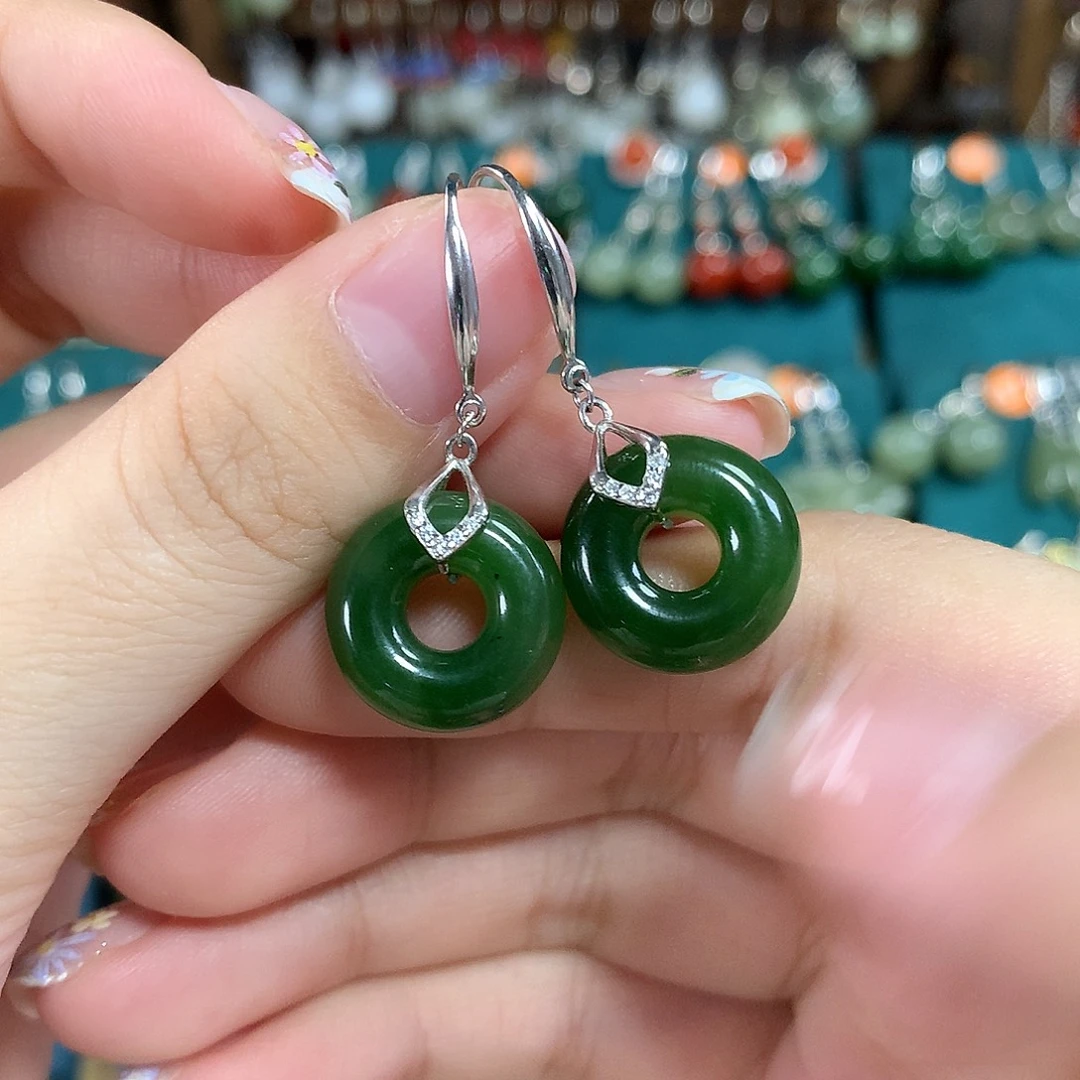 和田玉（碧玉）银S925镶嵌耳饰卡15.5左右