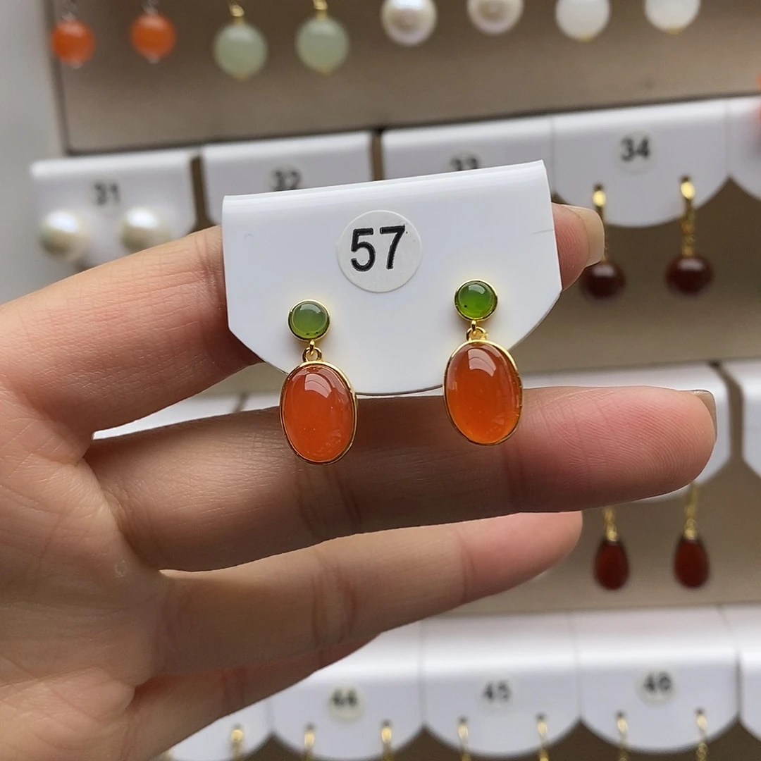 南红玛瑙银S925镶嵌耳饰