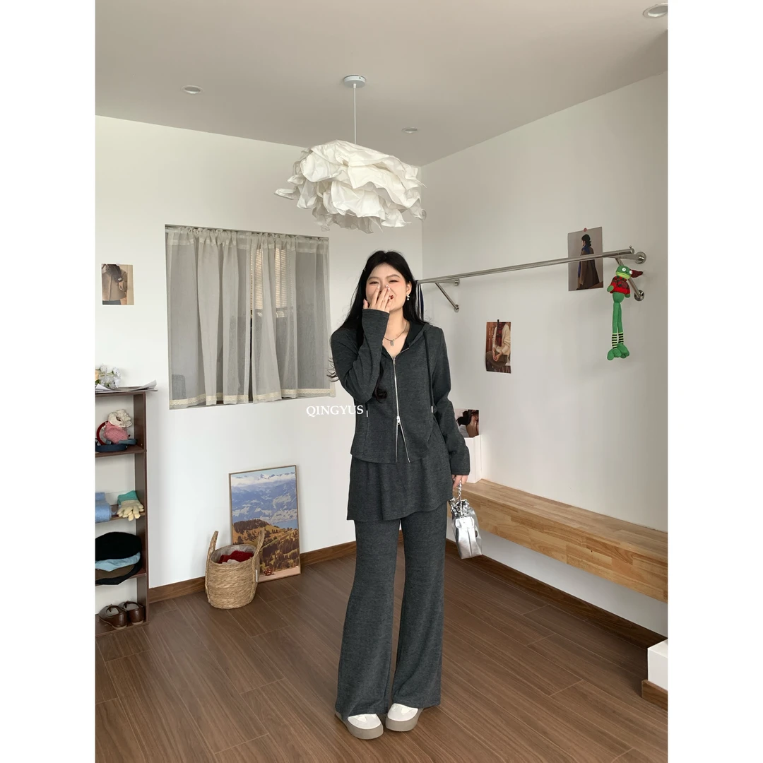 QINGYUS-拉链连帽开衫卫衣休闲通勤高腰遮肚子裙摆裤微胖大码女装