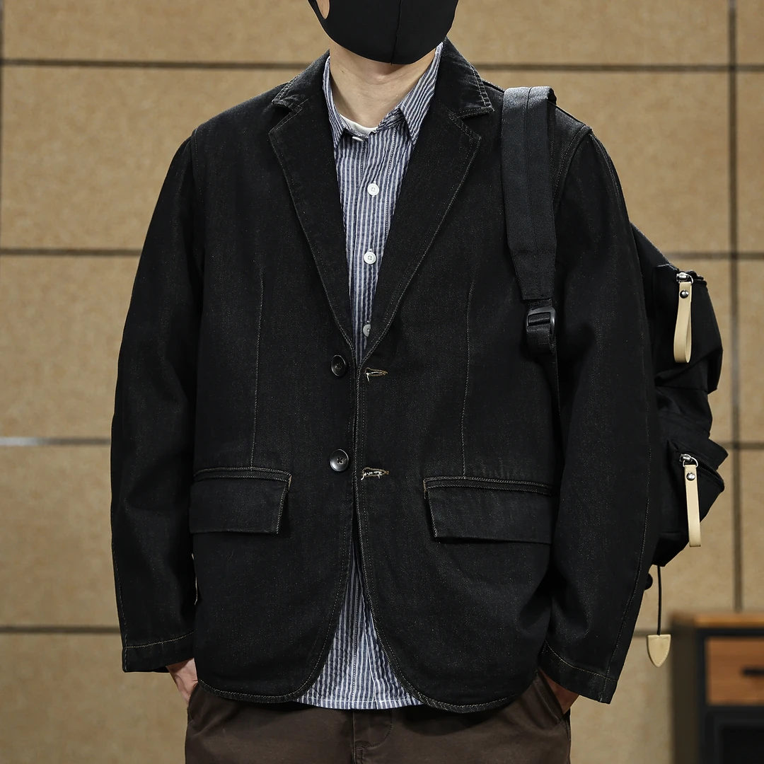 美式复古牛仔休闲西装春秋季男士新款潮牌大码外套平驳领痞帅西服