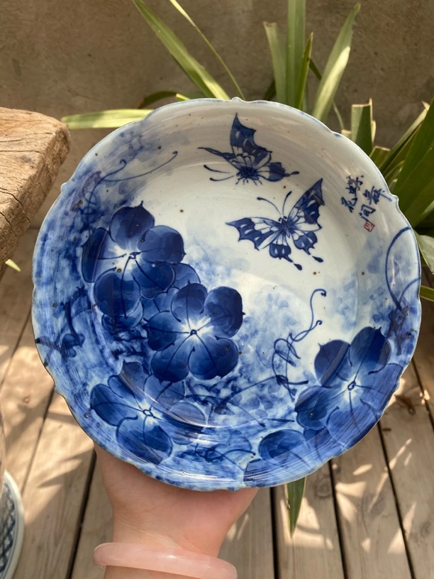 【近山古美】蝴蝶盘手工手绘釉下彩高温瓷