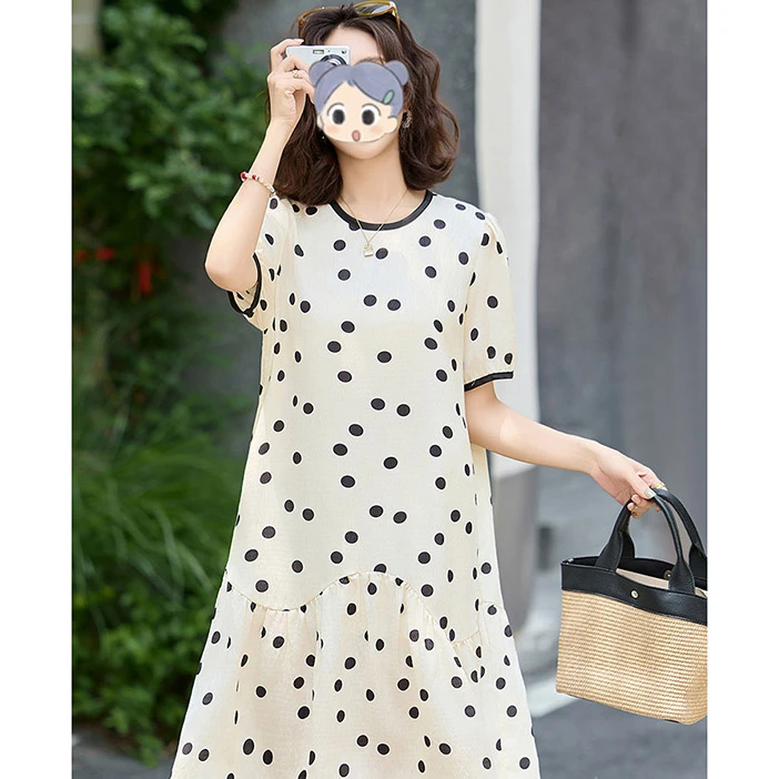 2025夏季新款连衣裙时尚气质中长裙圆领短袖波点韩版中长款裙子