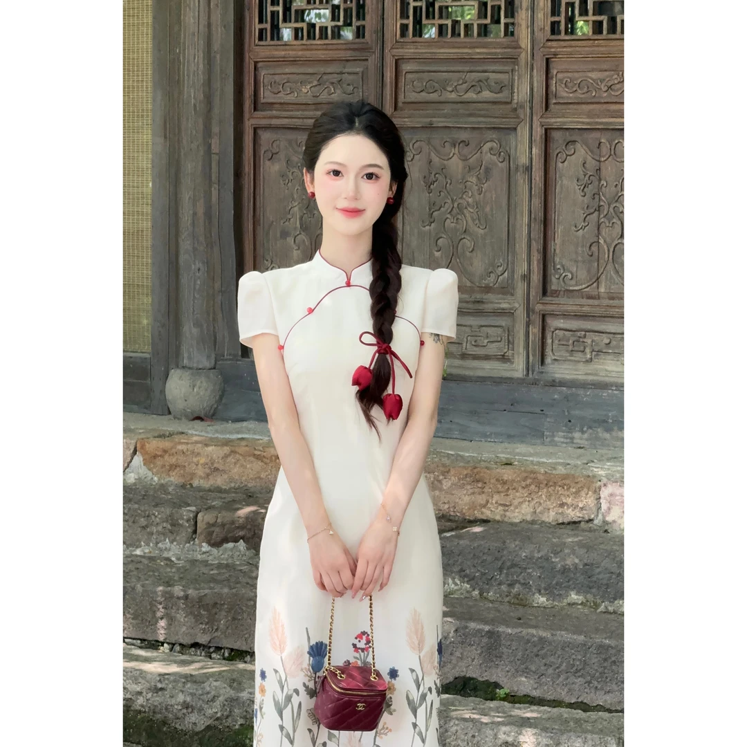 【红昭愿】LiLi新中式少女风郁金香撞色长款气质连衣裙裙子XMZH7527