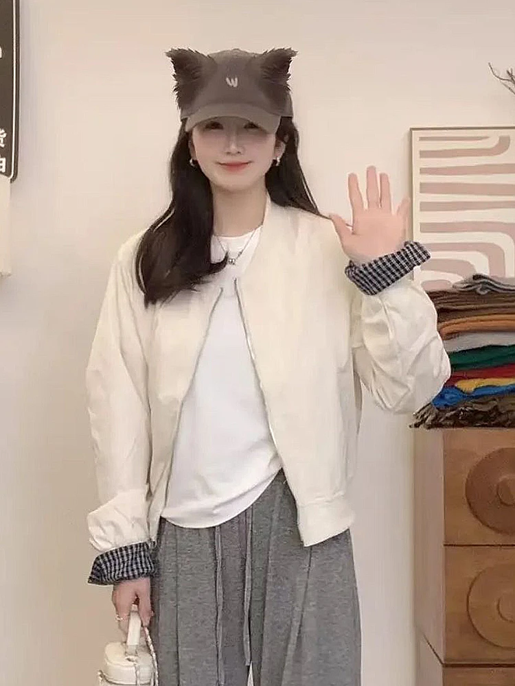 美式格子小个子拼接棒球服外套女秋装2025新款时尚潮流百搭上衣潮