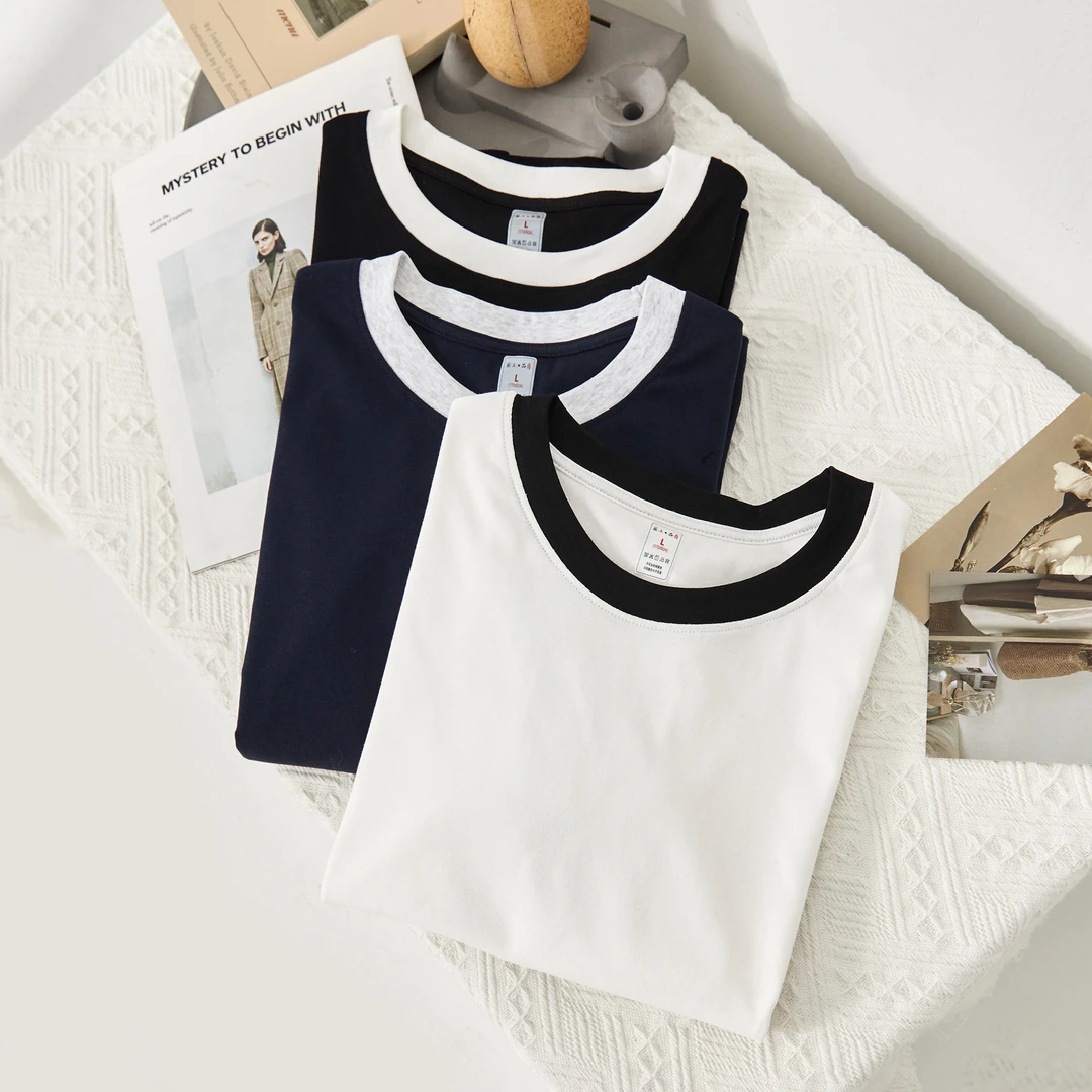 双旦【白加黑】高定精梳棉.经典百搭必入.撞色拼接T恤时尚703 LL
