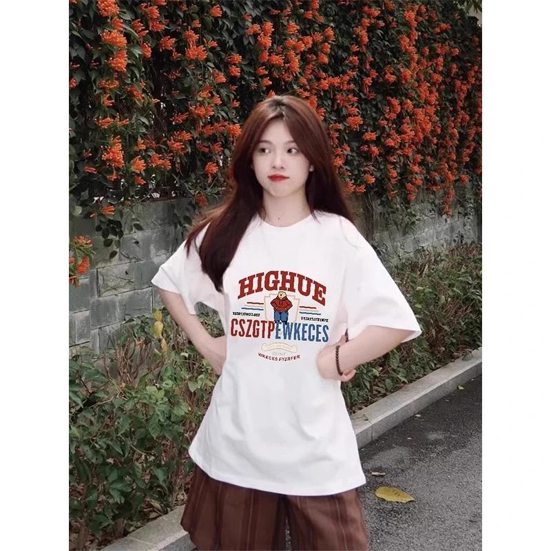 胖mm300斤美式复古白色小个子短袖T恤夏季卡通ins国潮牌宽松上衣