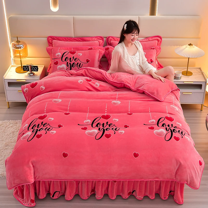 水星新家纺2025新款加厚牛奶绒法莱绒四件套秋冬款床裙被套双面绒