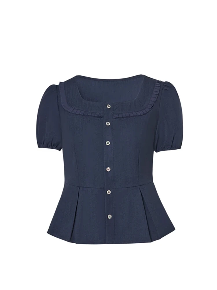 多娜同款女装法式小香风藏青色方领小蛮腰衬衫女夏季时髦减龄上衣