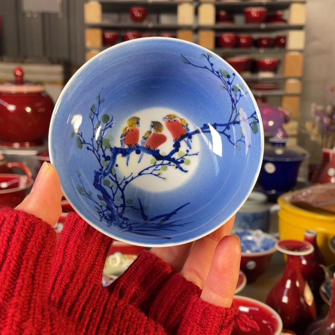 清欢雅玩原矿郎红内绘喜上眉梢神话杯