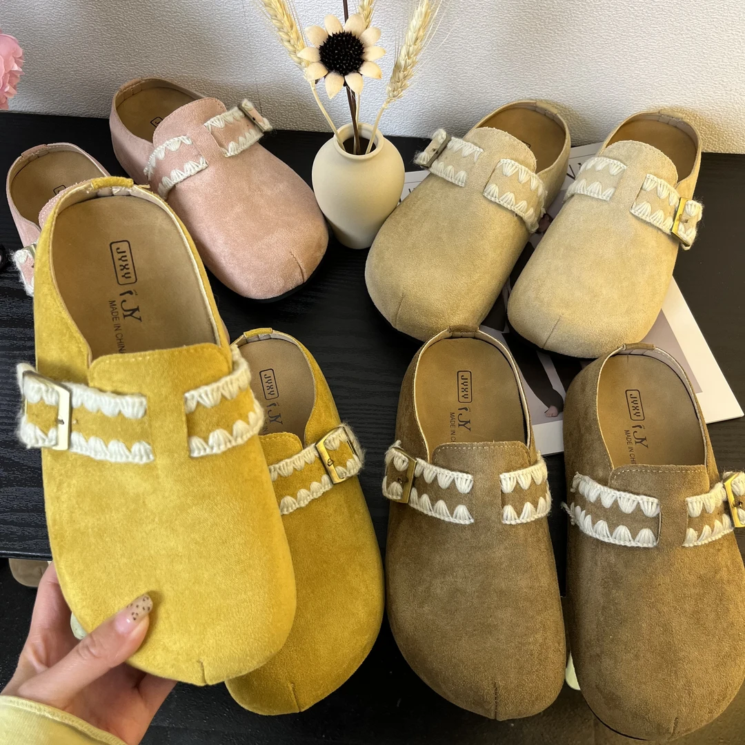 松茶可可~百搭勃肯拖鞋增高女夏厚底包头拖刺绣懒人一脚蹬拖鞋