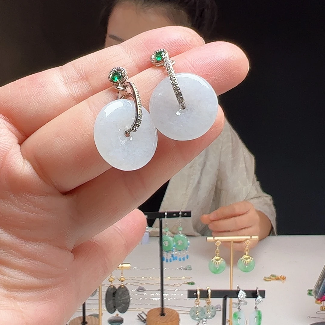 银S925镶嵌翡翠耳饰天然翡翠