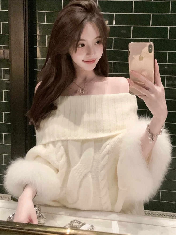 袖口毛毛拼接针织衫女秋冬2025新款高级感气质上衣一字肩套头毛衣