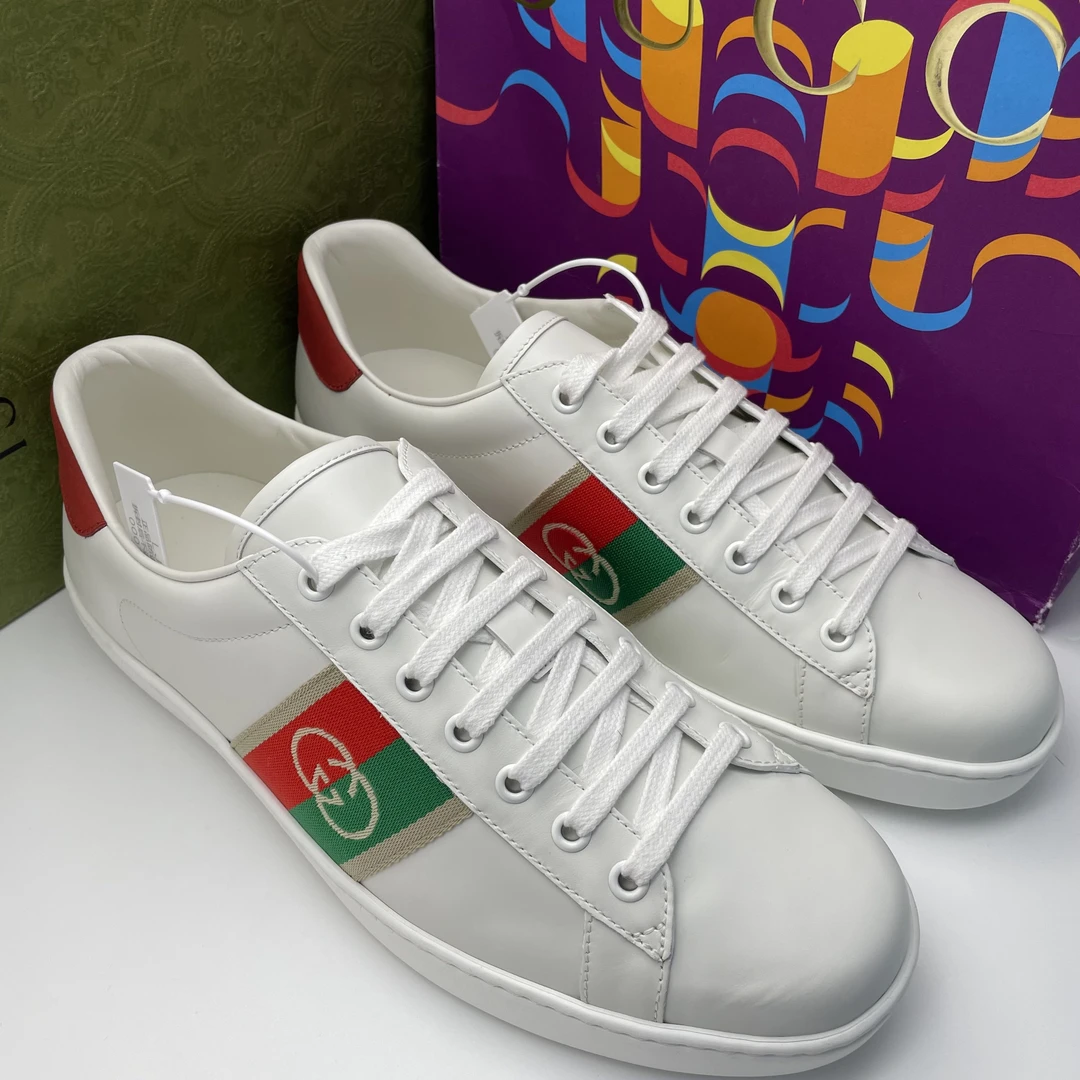 未使用 GUCCI/古驰 /42.5欧码 ACE白色红绿织带板鞋/全套