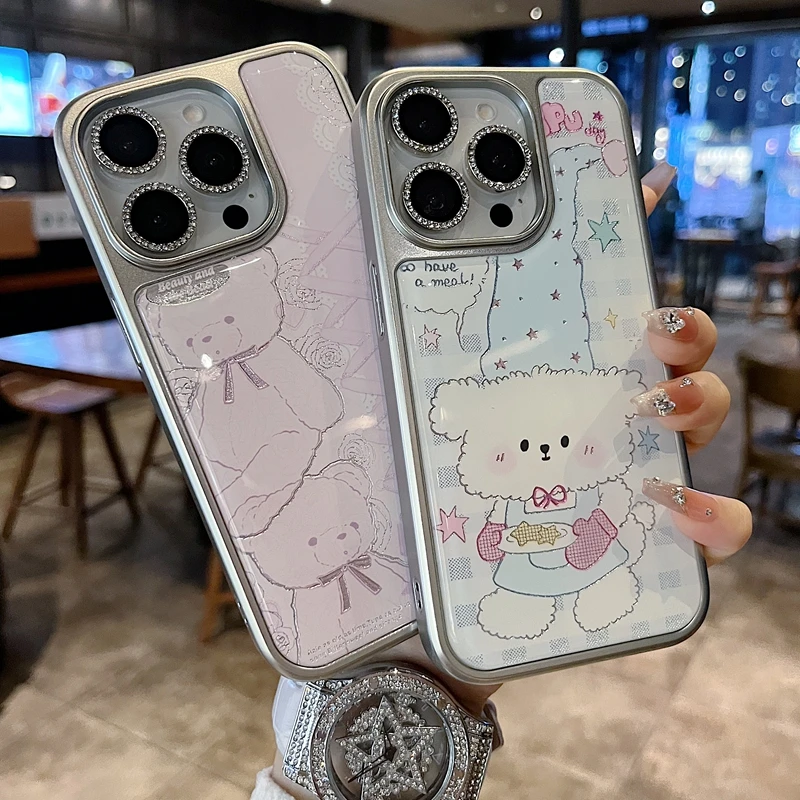 适用苹果系列iPhone16新款手机壳时尚感两小蕾丝熊半包大孔透气