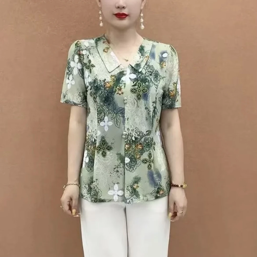 新款夏季娃娃领洋气提花短袖小衫时尚气质显瘦减龄妈妈装T恤上衣